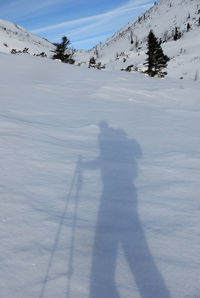 Shadow of person on snow covered field