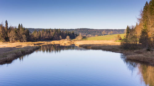 Scenic view of calm lake against clear sky