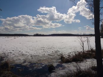 Scenic view of snow covered landscape against sky