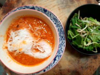 High angle view of soup in bowl on table