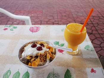 High angle view of breakfast on table