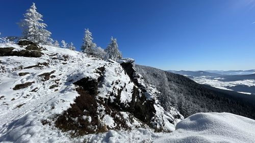 Low angle view of snowcapped mountains against clear sky