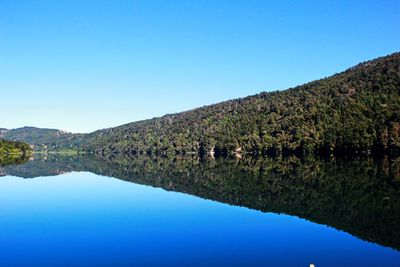 Scenic view of lake against clear blue sky