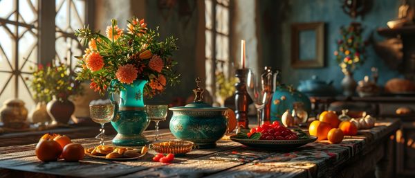 Close-up of christmas decorations on table