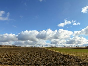 Scenic view of field against cloudy sky