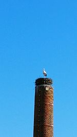 Low angle view of bird perching on tower