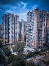 High angle view of buildings against sky