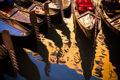 High angle view of boats moored at canal