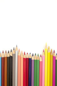 Close-up of multi colored pencils against white background