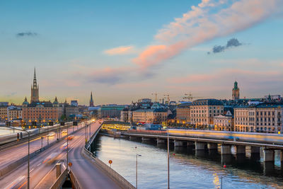 High angle view of city at sunset