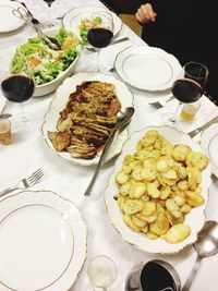 High angle view of food served on table