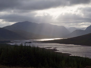 Scenic view of lake and mountains against sky