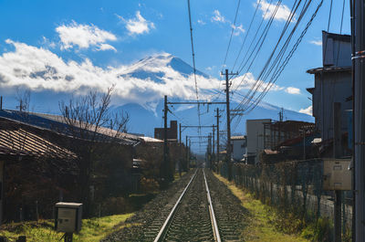 Railroad tracks amidst buildings against sky and fuji 