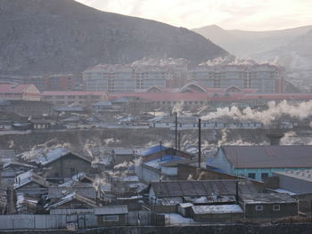 High angle view of buildings in city