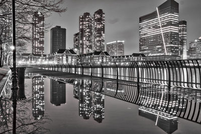 Reflection of illuminated buildings in city at night