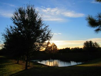 Silhouette trees by lake against sky during sunset