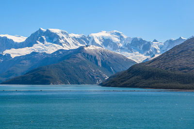 Scenic view of snowcapped mountains against blue sky