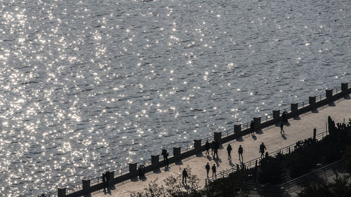 High angle view of illuminated railing by sea