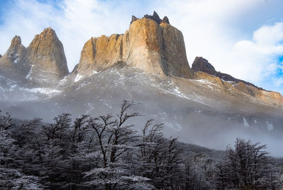 Low angle view of snowcapped mountains against sky