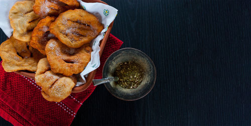 High angle view of dessert in plate on table
