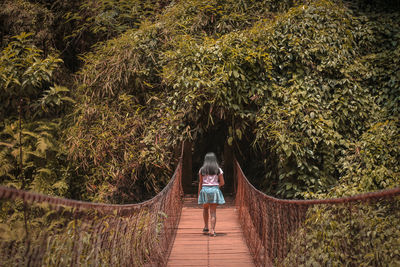 Rear view of woman crossing bridge in forest