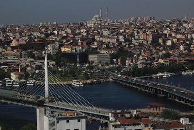 High angle view of river amidst buildings in city