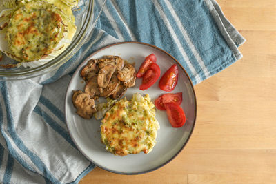 High angle view of food in plate on table