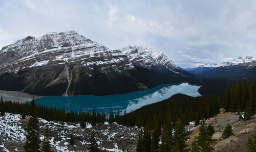 Scenic view of snowcapped mountains and lake against sky