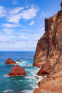 Rock formations in sea against sky