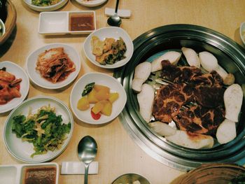 High angle view of meal served on table