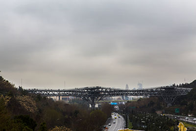 Bridge over river against sky in city