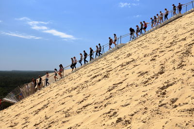 People in a row walking downstairs the dune du pilat