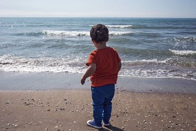 Rear view of boy standing on shore at beach