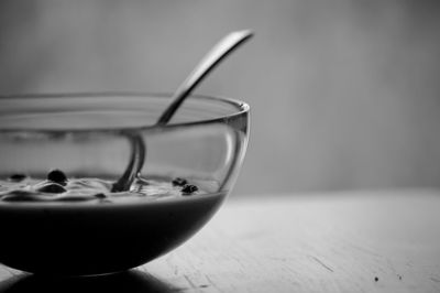 Close-up of fruit yogurt served in bowl on table