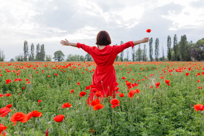 Rear view of woman standing amidst flowers on field