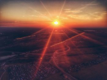 Aerial view of landscape at sunset
