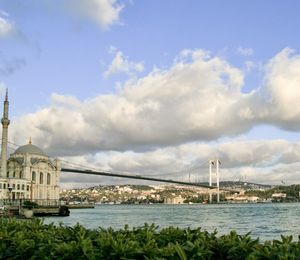 Bridge over river with buildings in background