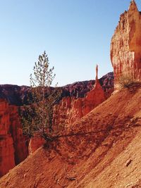 Low angle view of rock formations against blue sky