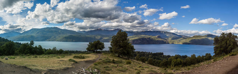 Panoramic view of lake against cloudy sky