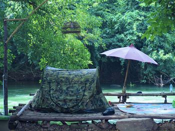 Gazebo by trees in forest