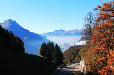 Road amidst trees and mountains against clear sky