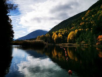 Scenic view of lake by trees against sky