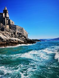 Scenic view of sea against clear blue sky