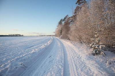 Tire tracks on snow covered field against sky