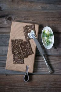 High angle view of breakfast on table