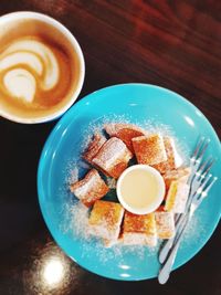 High angle view of breakfast served on table