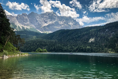 Scenic view of lake and mountains against sky