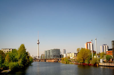 View of buildings in city against clear sky