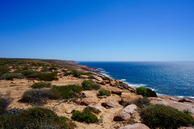 Scenic view of sea against clear blue sky