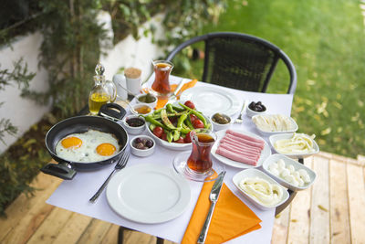 High angle view of breakfast served on table